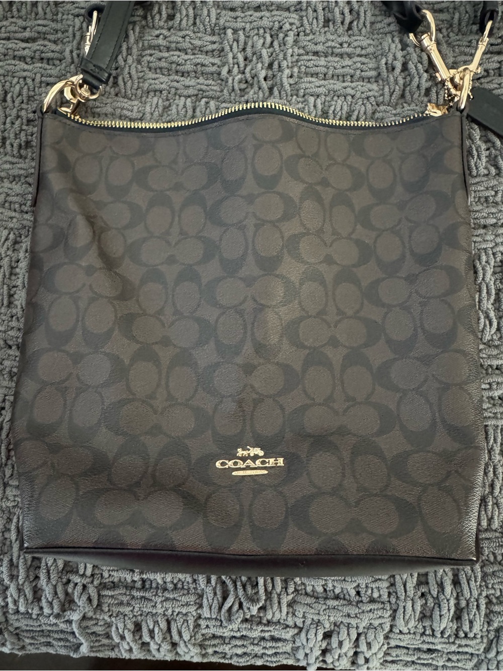 Coach Black Signature Canvas Shoulder Bag with Gold Hardware